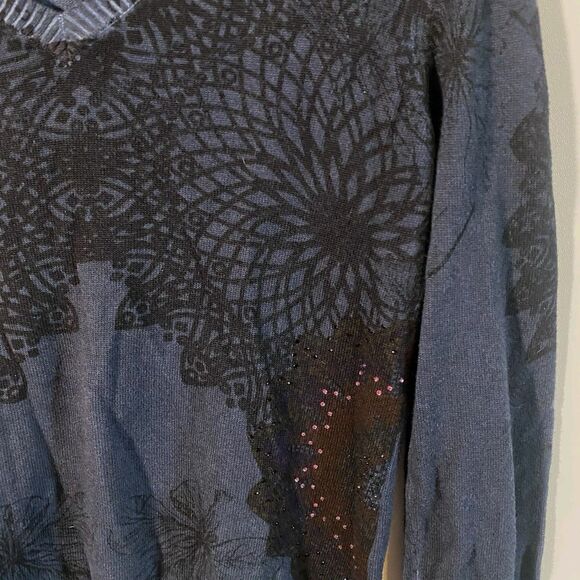 Desigual Sweater Women's Medium Dark Navy Beaded Designer Long Sleeve V-Neck - Picture 2 of 10